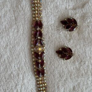 Gold tone with ABs and Purple Navette Bracelet with Matching Earrings